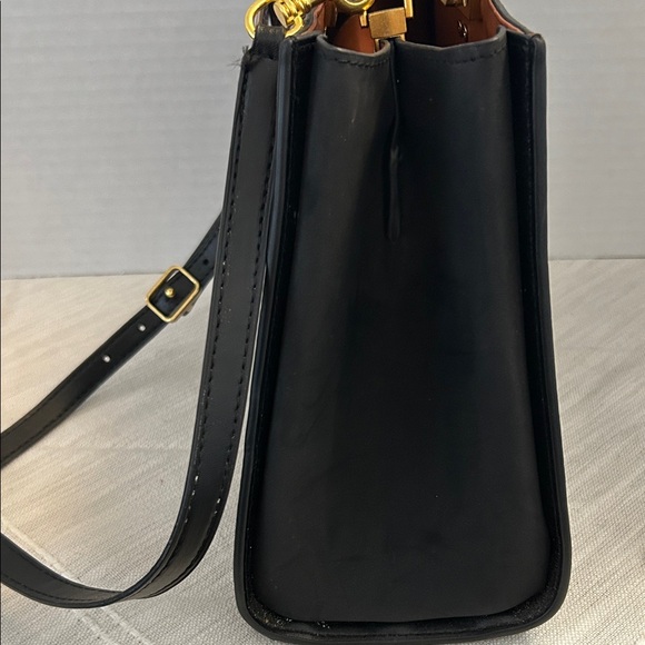 Tory Burch $700 Black Eleanor Spazoletto Satchel with Gold Logo and Ribbon - Picture 6 of 12